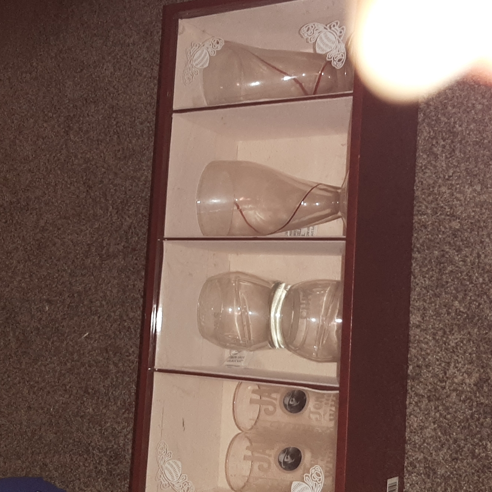 Wedding glass set in wooden case.